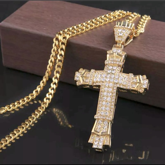 Other - HP🎉🎉New Gold CZ Unisex Cuban Link Cross Necklace